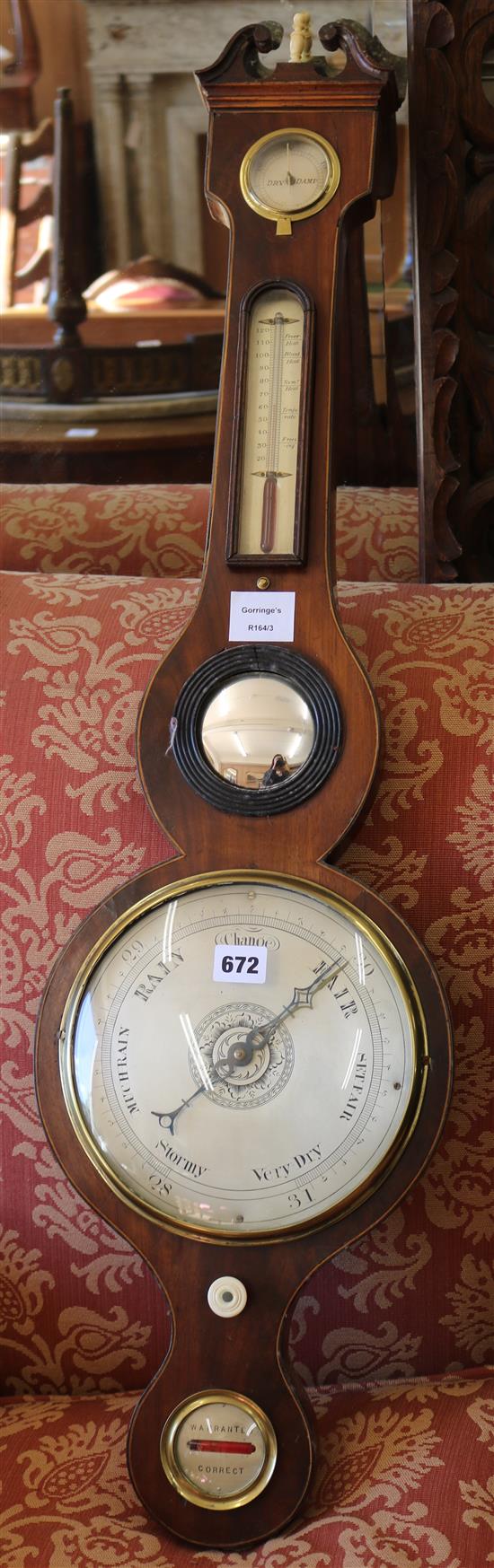 A Regency inlaid mahogany wheel barometer, H.97cm